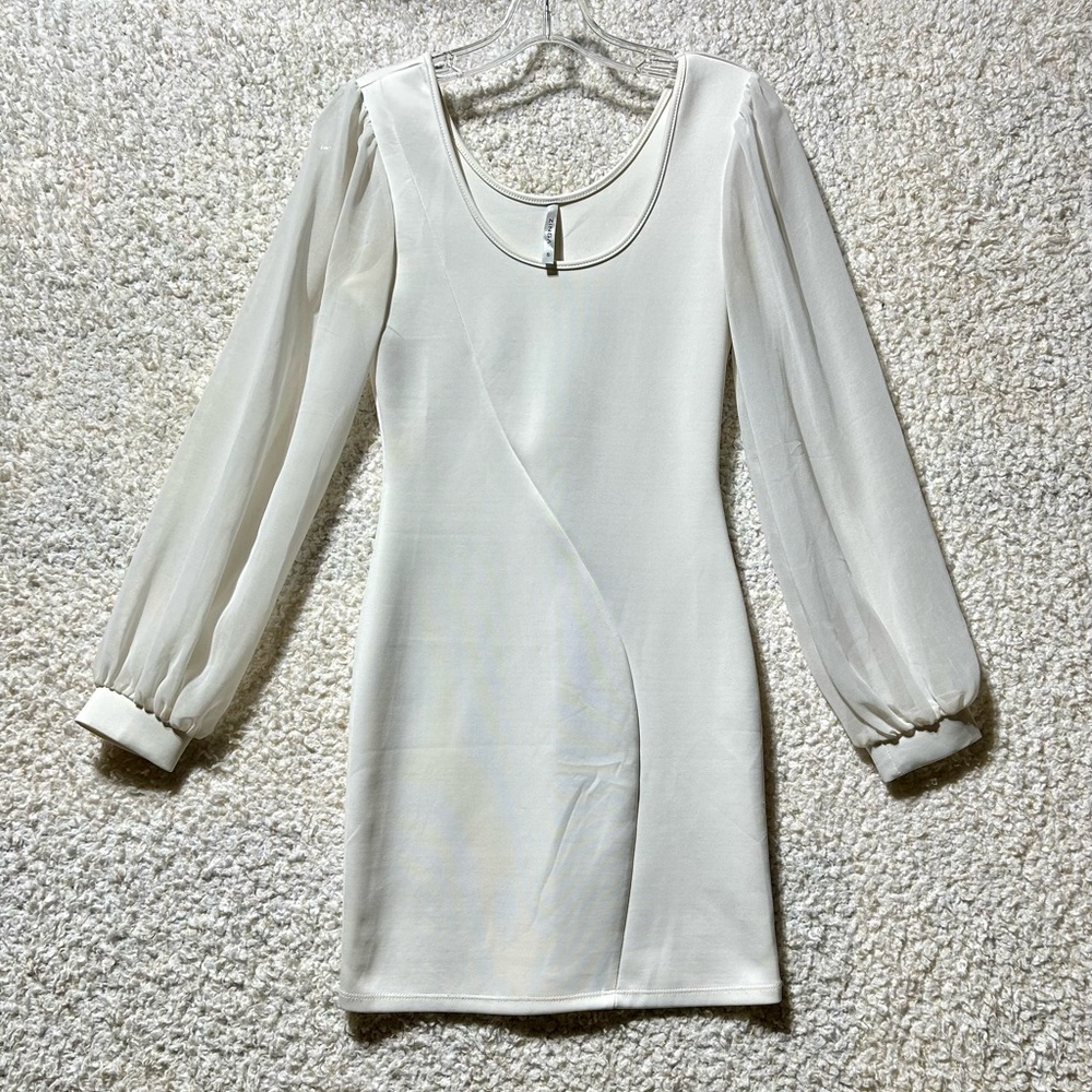 Zinga Mini Dress Womens S Small White Long Sleeve Sheer Cuffed Body Con HOCO